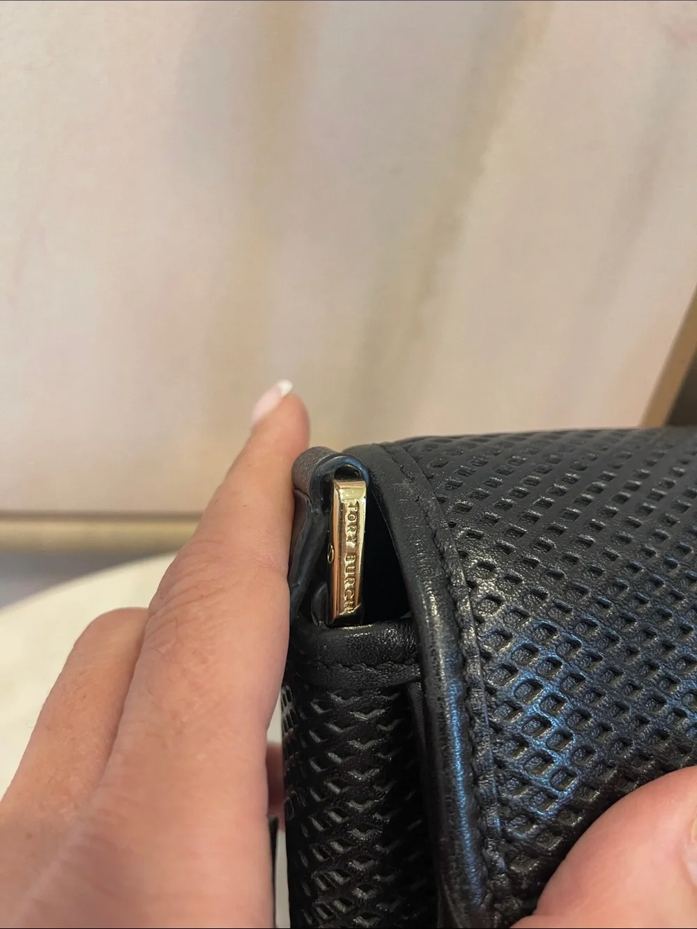Tory Burch Black Perforated Leather Crossbody with Gold Logo